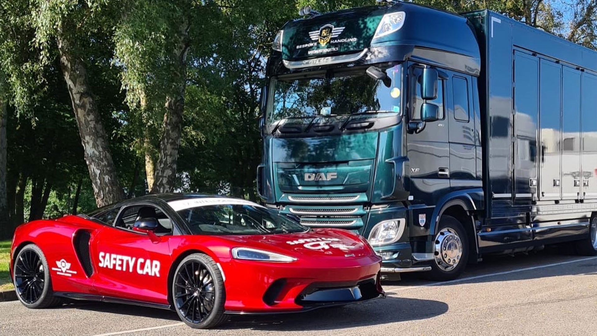 Transporter with cargo, safety car 